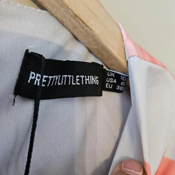 PrettyLittleThing Pink Swirl Print Pleated Waist Puff Sleeve Skater Mini Dress S - Picture 16 of 16